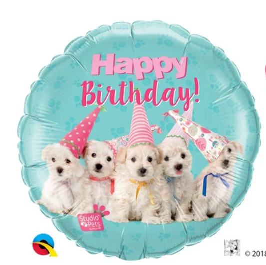 🎈 Ballon Anniversaire 46 cm (18")  – Chiots avec chapeau de fête